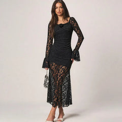 Black Lace Flare-Sleeve Midi Dress