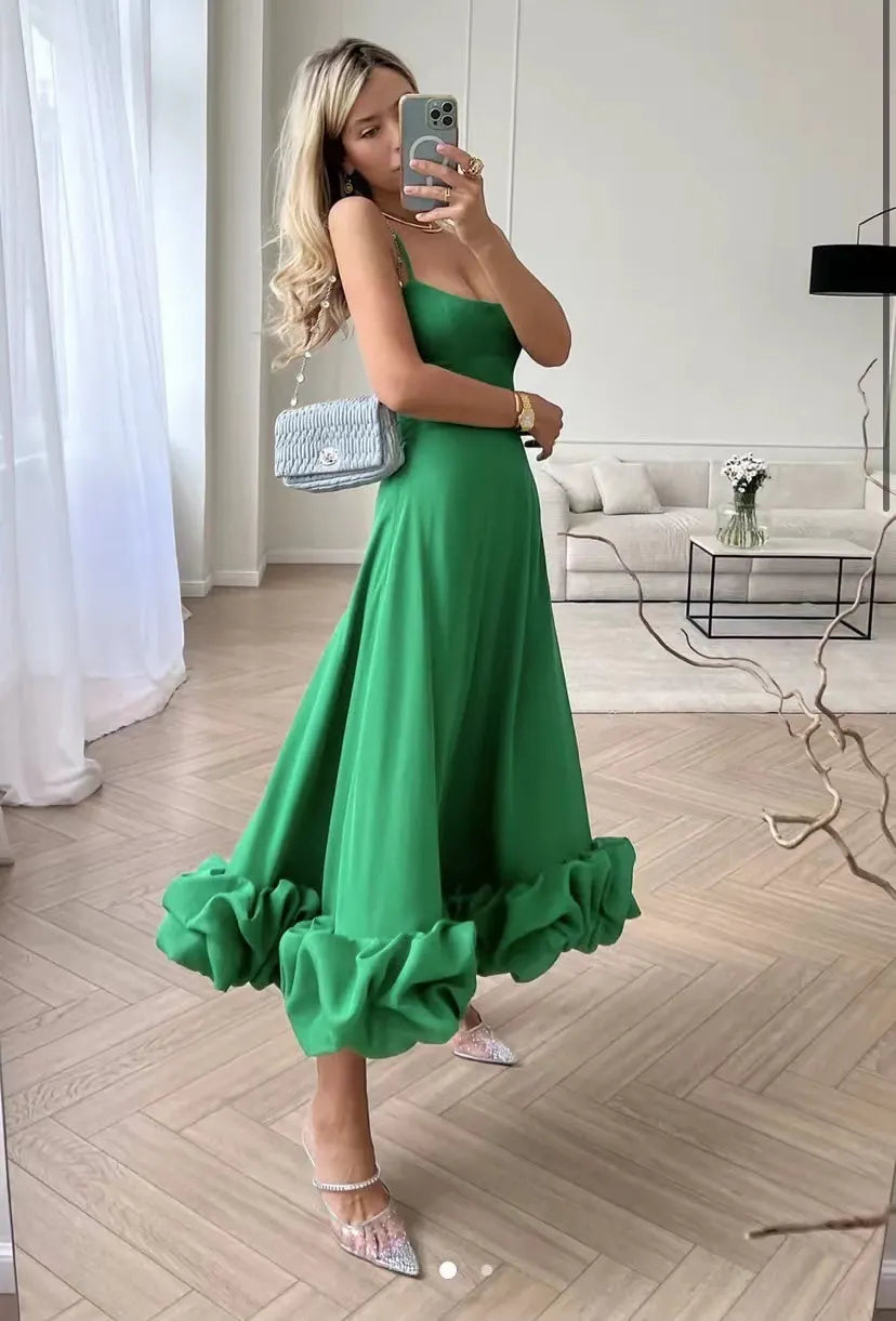 Solid U-Neck Sleeveless High Waist Pleated Flare Midi Dress