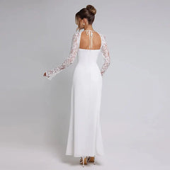 Solid Off Shoulder Lace Long Sleeve Tie Bust High Slit High Waist Bodycon Maxi Dress