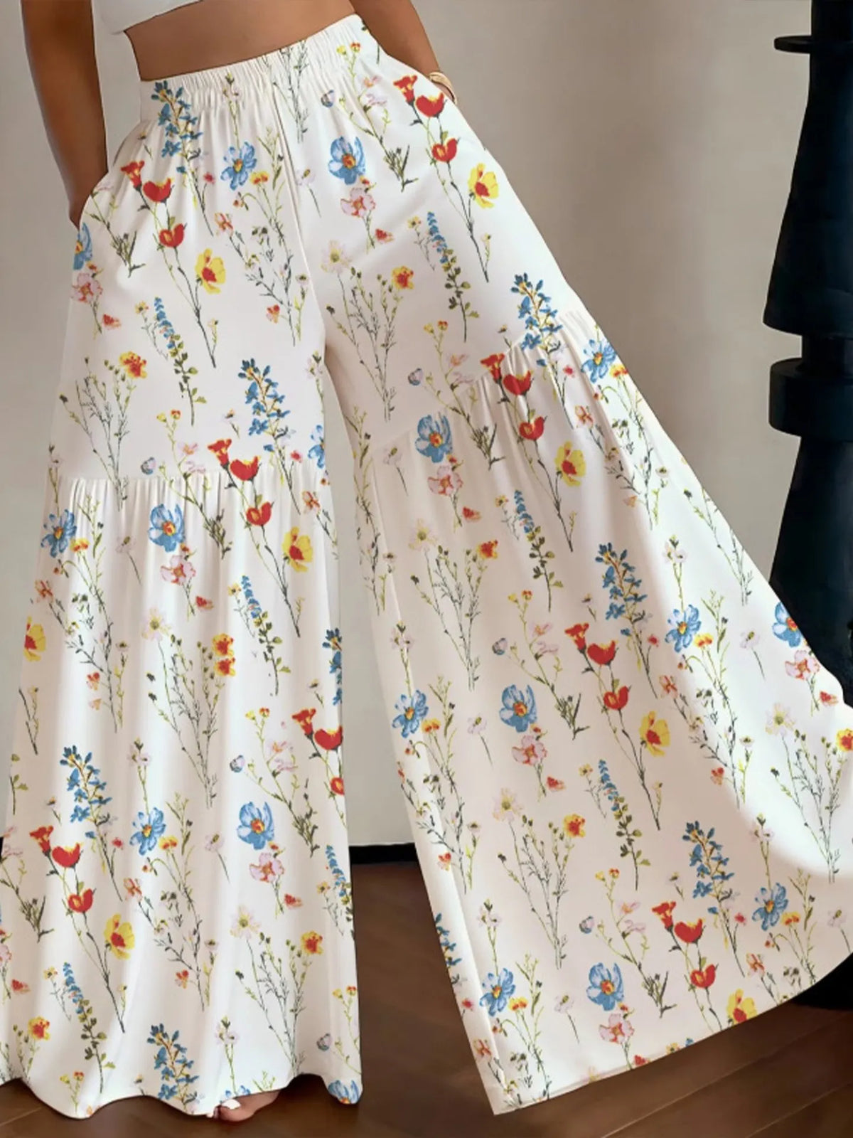 Elastic High Waist Floral Print Ruffle Wide Leg Palazzo Pants