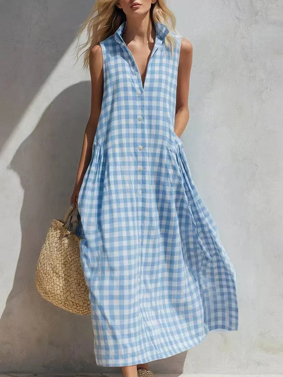 Stand Collar Sleeveless Gingham Pocket Linen Maxi Dress