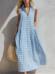 Stand Collar Sleeveless Gingham Pocket Linen Maxi Dress