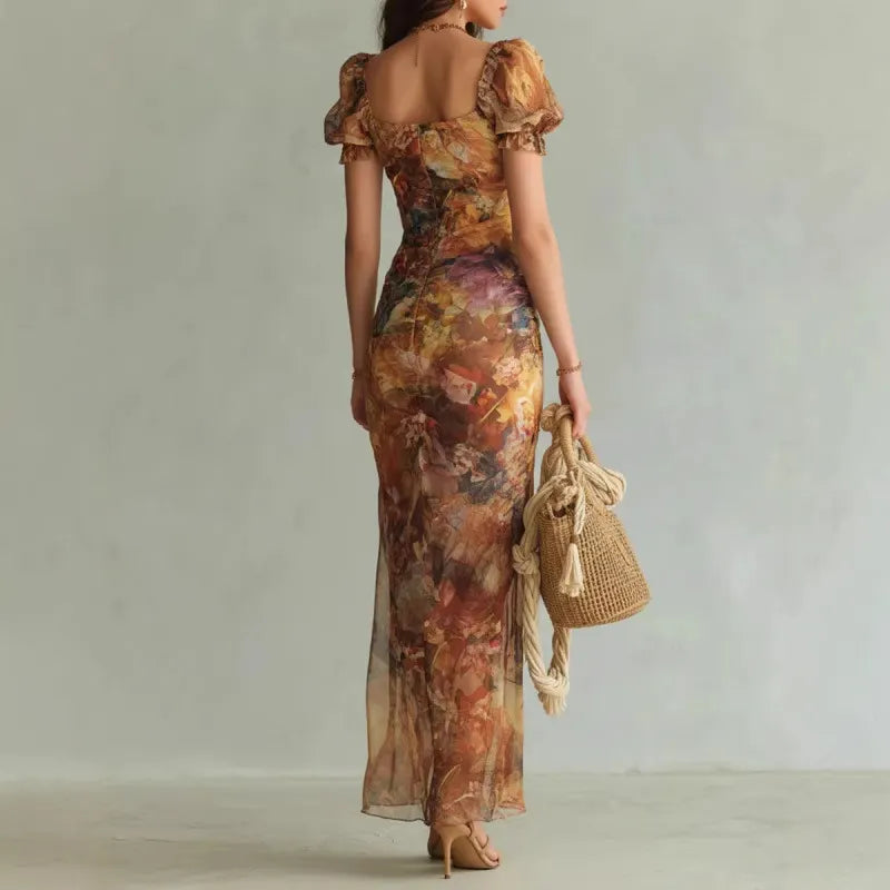 Floral Square Neck Puff Sleeve High-Slit Maxi Dress