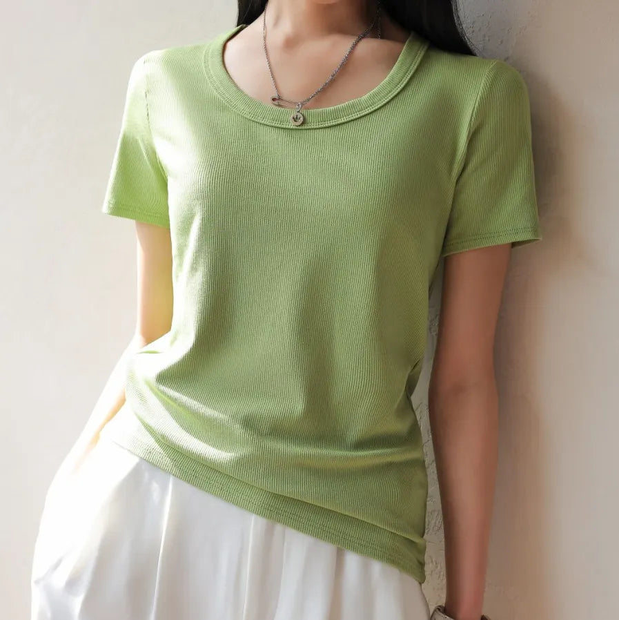 Solid Color Ribbed U-Neck Short Sleeve Loose T-Shirt