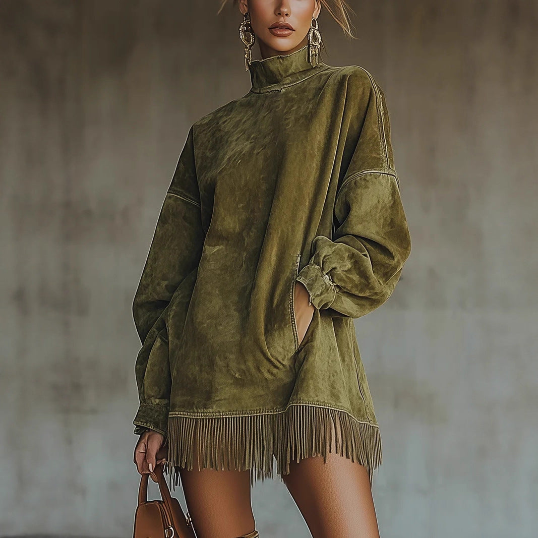 Retro Suede Fringe Hem Turtleneck Tunic Dress