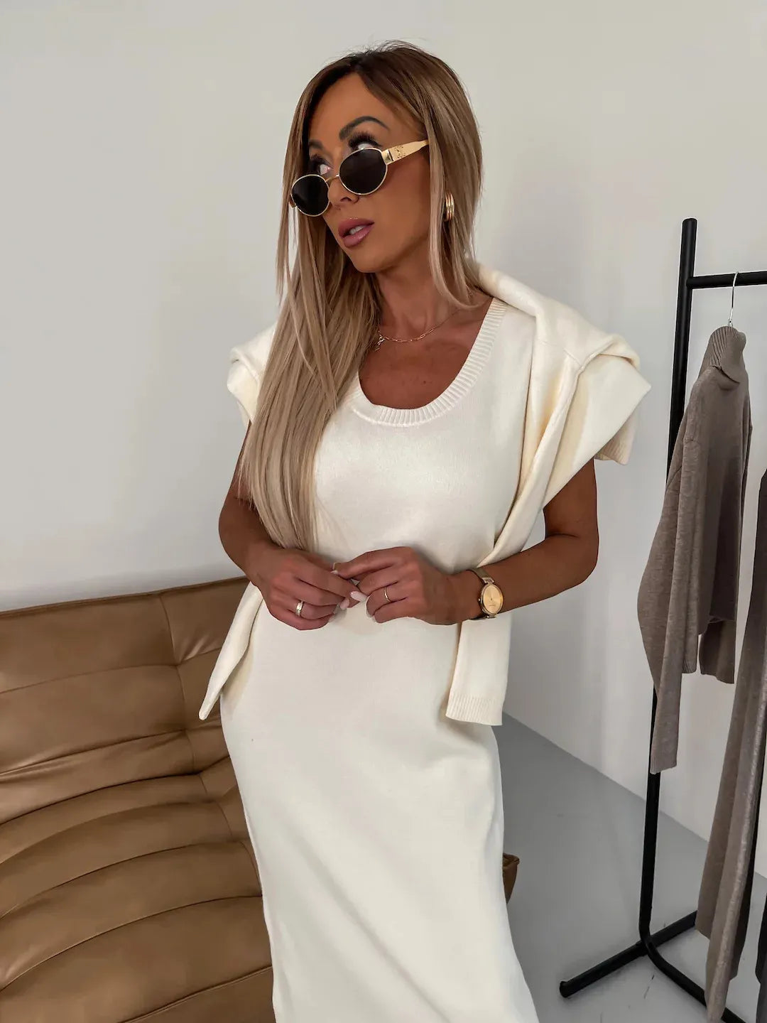 2 Piece Knit Outfit, Cream U Neck Midi Dress + Long Sleeve Knit Shrug Set