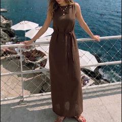 Solid Round Neck Sleeveless Straight A-Line Long Midi Dress