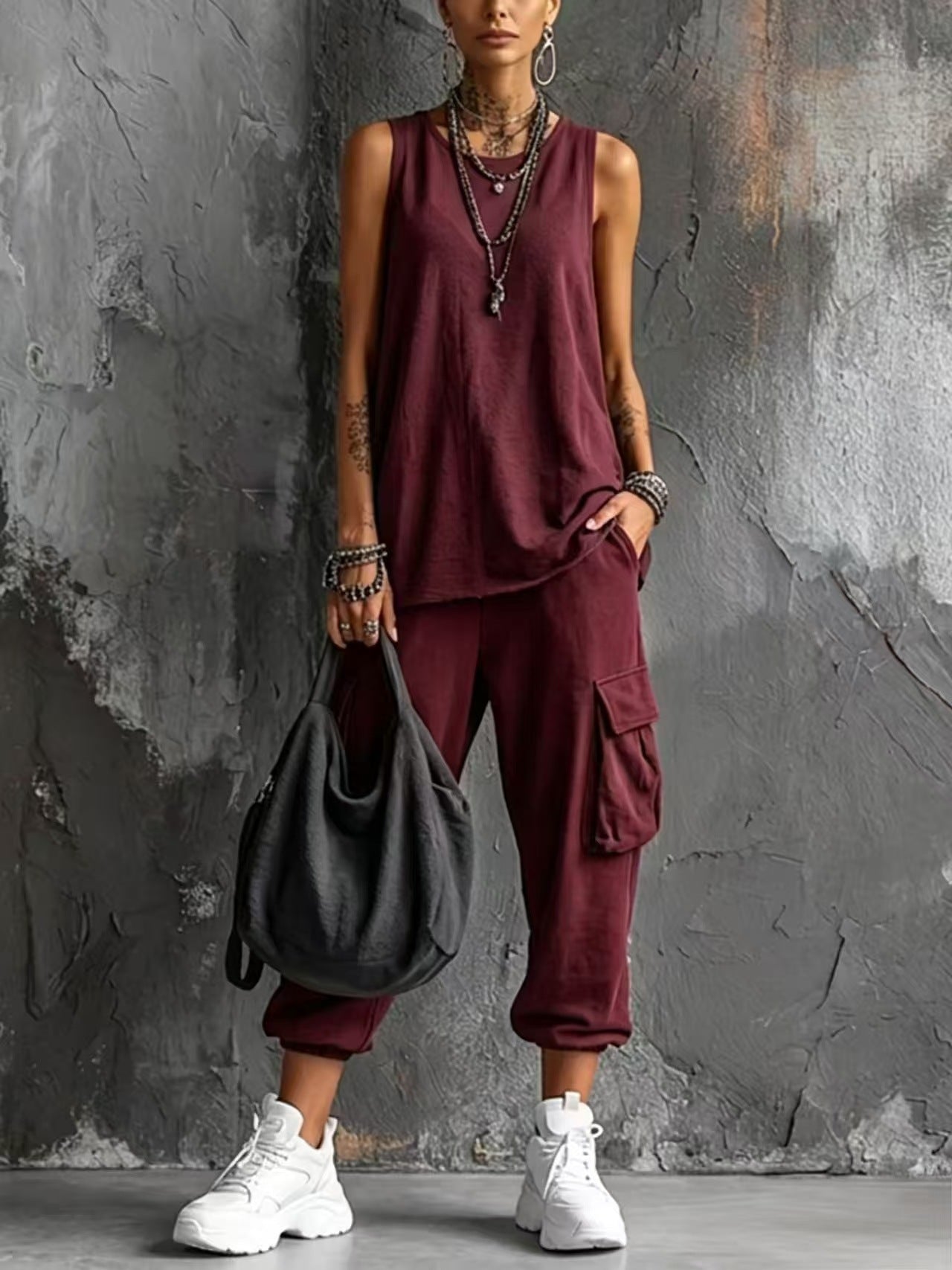Dark Gray Sleeveless Tank & Cargo Pants Set