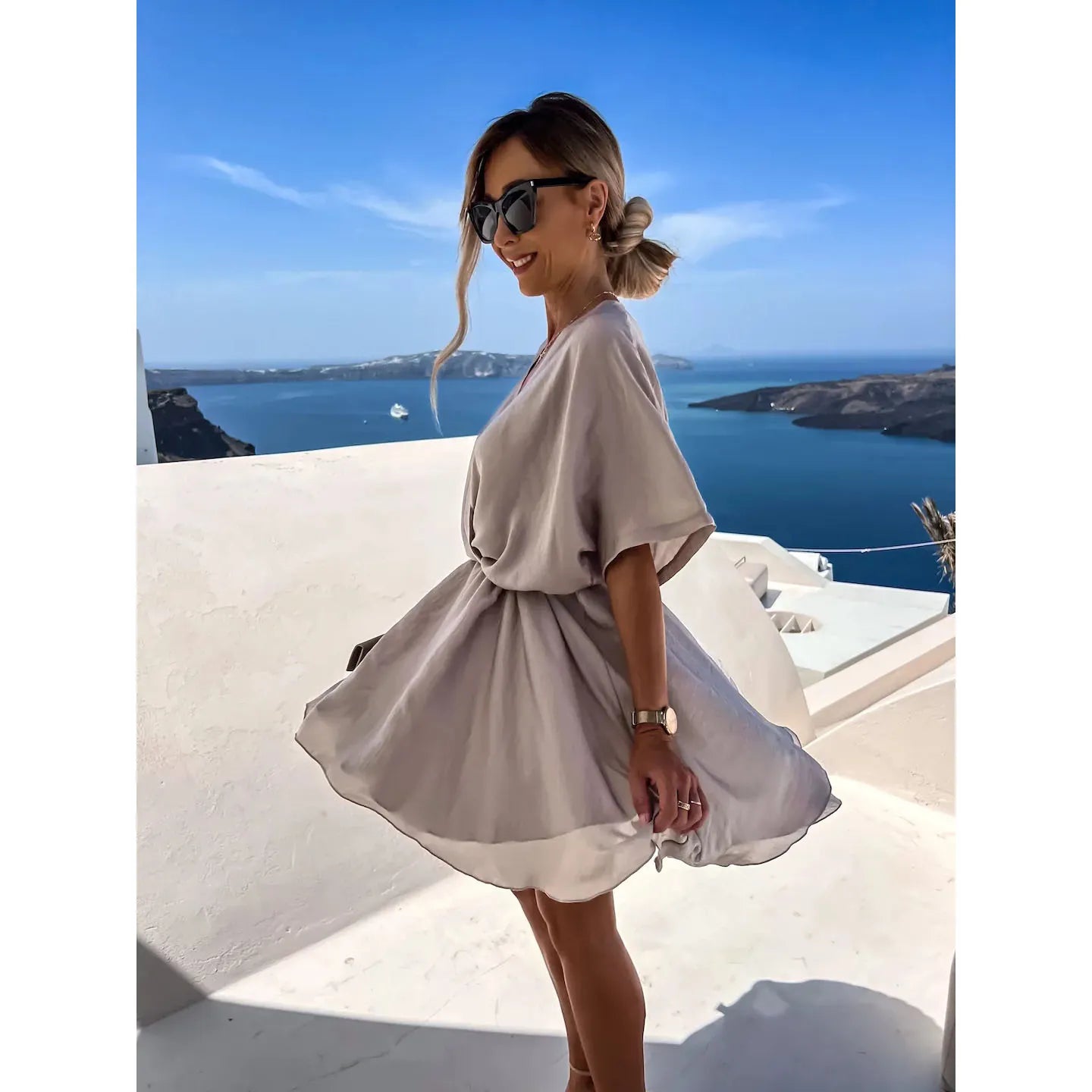 Batwing Sleeve Wrap Front Mini Dress