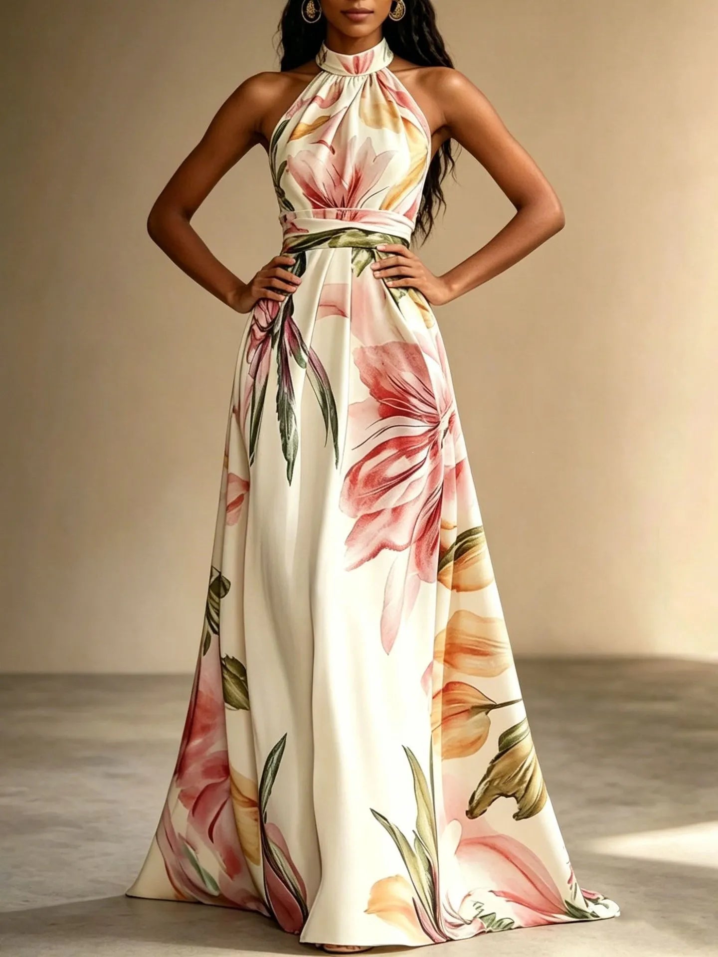 Floral Print Halter Neck High Waist Flowy Maxi Dress
