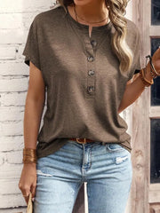 Solid Color Half Placket Round Neck Batwing Sleeve T-Shirt