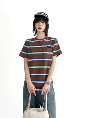 Round Neck Colorful Striped Loose Short Sleeve Cotton T-Shirt