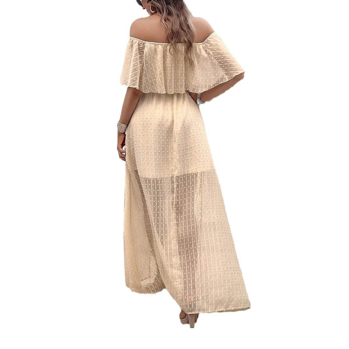 Off Shoulder Ruffle Swiss Dot Chiffon Maxi Dress