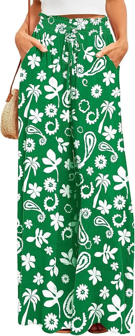 Boho Geometric Leaf Print Drawstring High Waist Non-Stretch Chiffon Loose Wide Leg Long Casual Pants