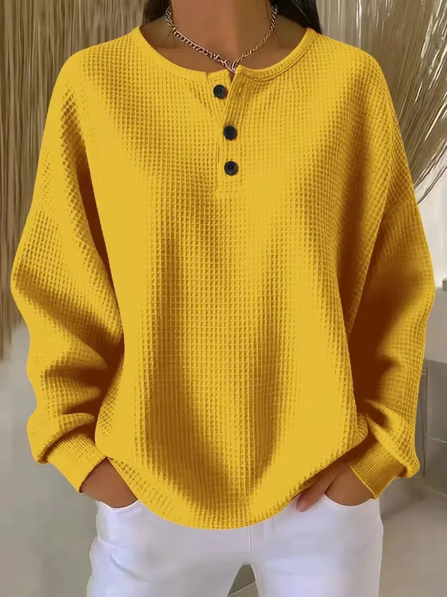 Casual Oversized Waffle Knit Top, Henley Button Neck Long Sleeve Tee