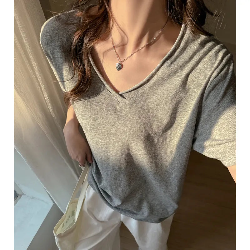 Solid Color V-Neck Dropped Shoulder Loose Fit T-Shirt