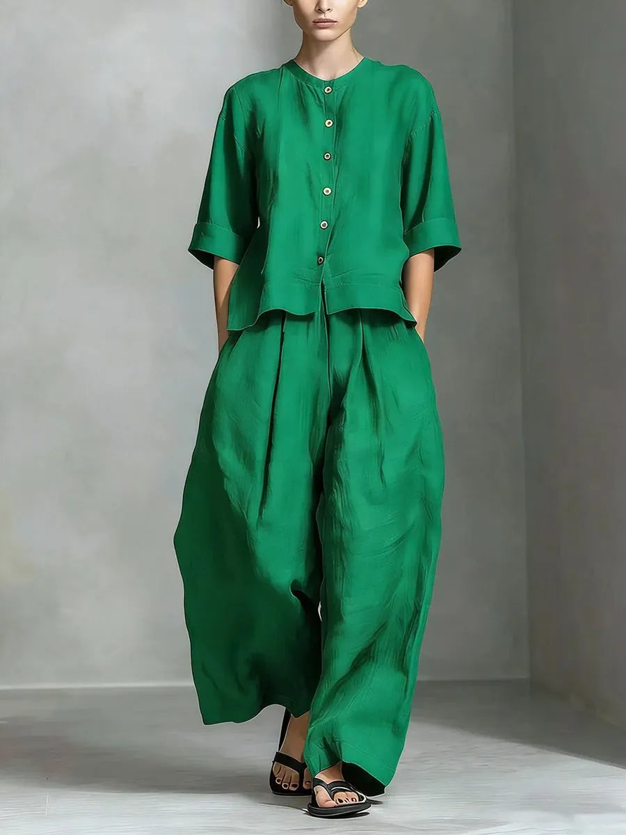 Linen Blend Two-Piece Set, Button-Down Top and Wide Leg Pants
