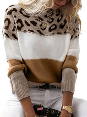 Grey White Pink Leopard Spliced Knit Top, Ladies Crewneck Color Block Casual Sweater