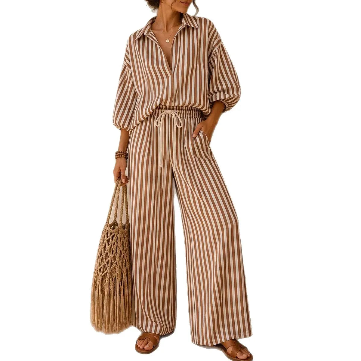 Vertical Stripe Lapel Shirt & Drawstring Wide Leg Pants