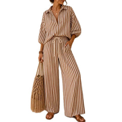 Vertical Stripe Lapel Shirt & Drawstring Wide Leg Pants