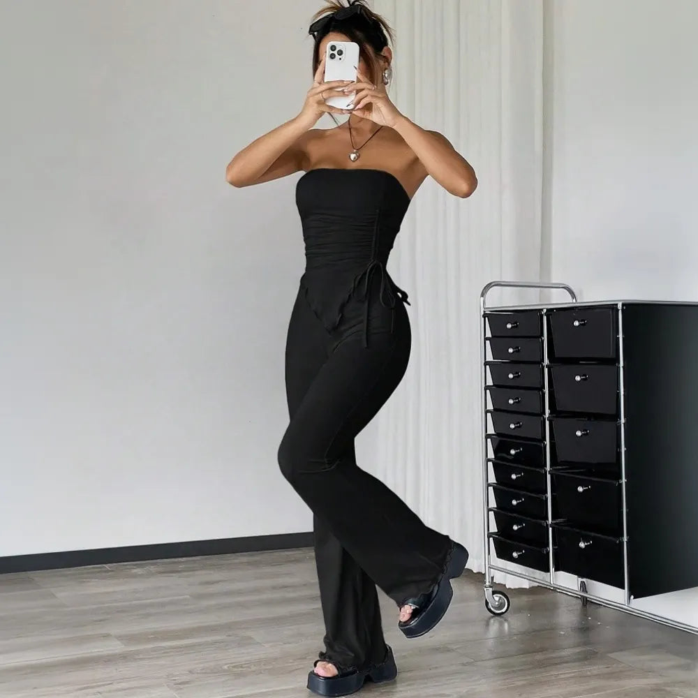 Strapless Ruched Drawstring Crop Top & Flare Pants Two Piece Set