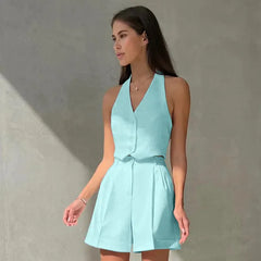 V-Neck Halter Button Crop Vest & Cuffed Pleated Shorts Two Piece Set