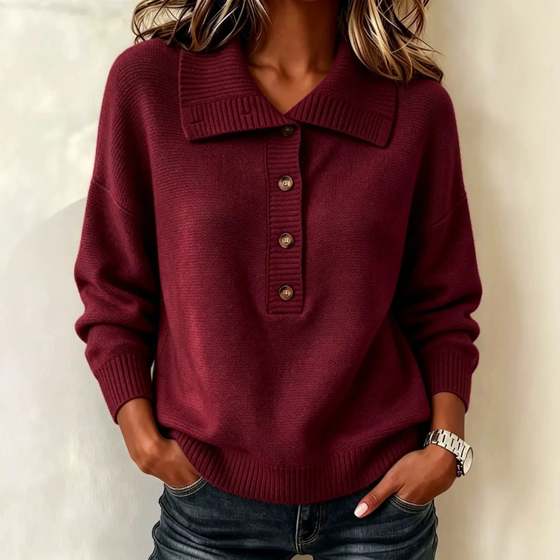 Casual Lapel Collar Knit Pullover, Soft Loose Fit Half Button Long Sleeve Sweater for Fall Winter