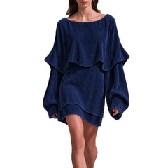 Navy Blue Ruffle Layered Mini Dress Boat Neck Balloon Long Sleeve Loose Shift Dress