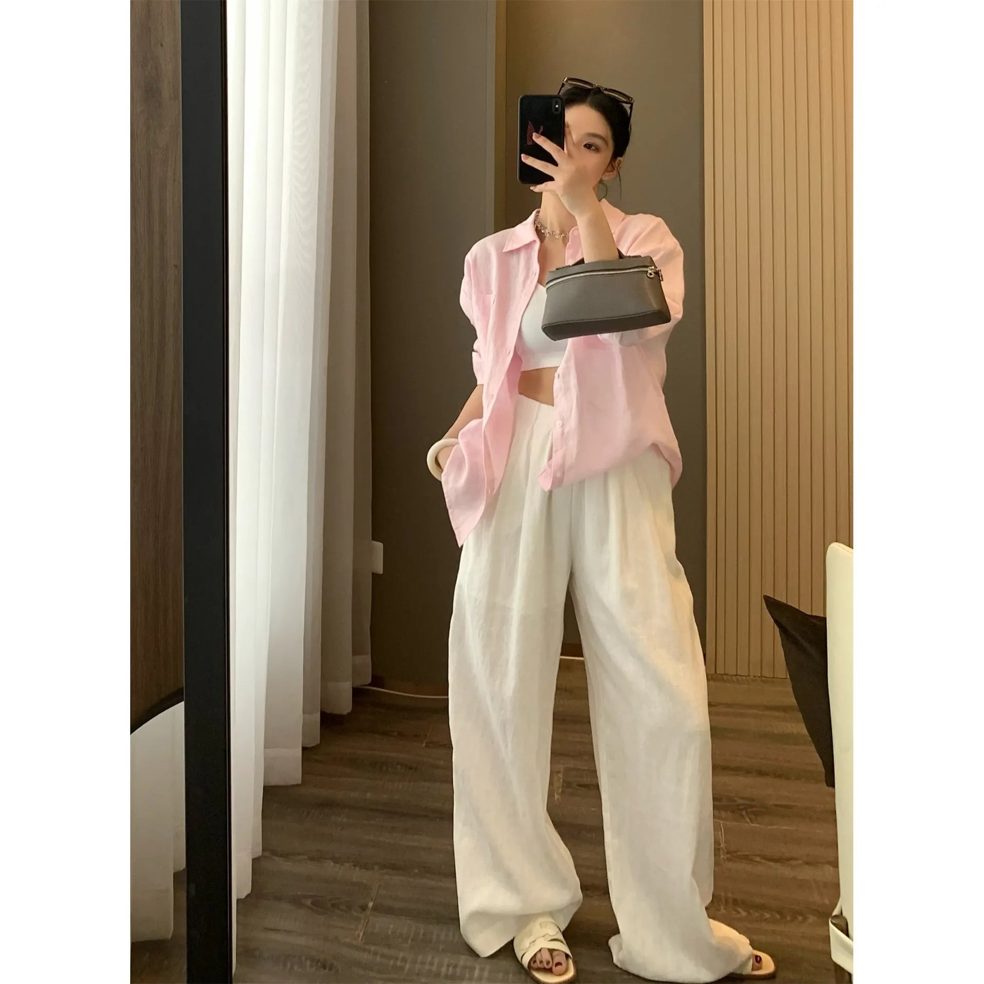 Solid Linen Oversized Collar Long Sleeve Pocket Shirt