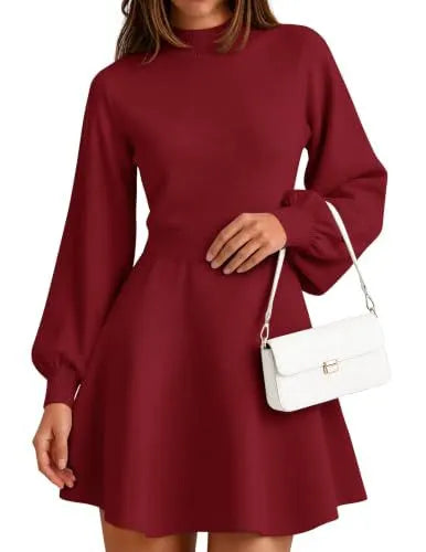 Elegant Mock Neck Knit Dress, Puff Sleeve A-line Mini Dress for Autumn Outfit