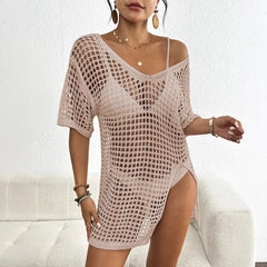 Solid Hollow Out V-Neck Short Sleeve Beach Cover-Up Mini Dress