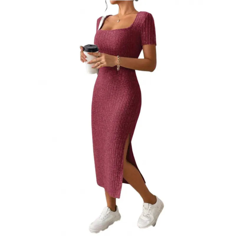 Square Neck Short Sleeve Ribbed Knit Bodycon Midi Dress with Side Slit