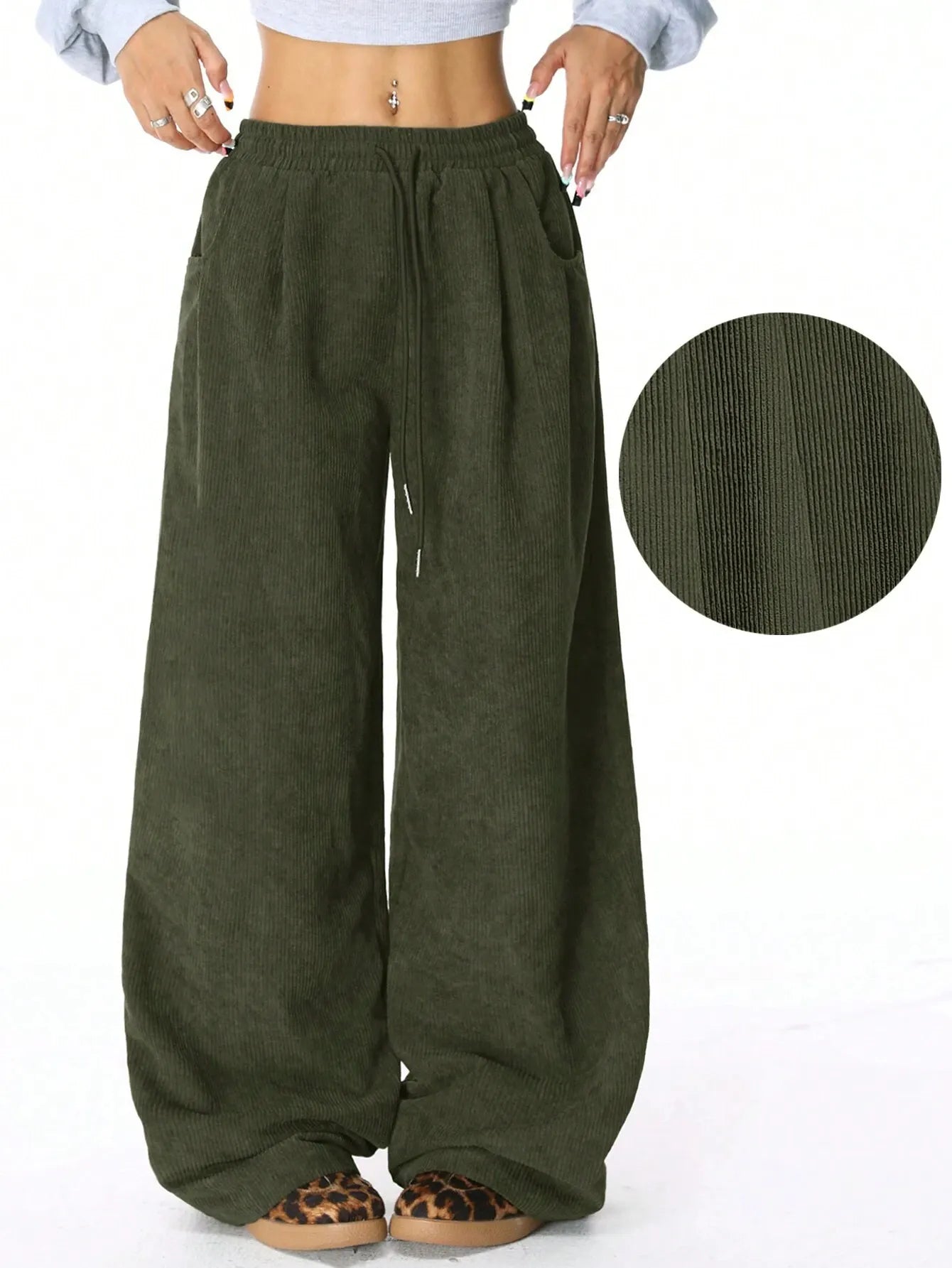 Corduroy Drawstring Loose Wide Leg Pants