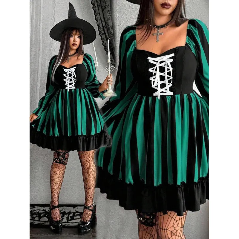 Halloween Beetlejuice Striped Dress, Goth Corset Front Puff Long Sleeve Flared Ruffle Short Dress