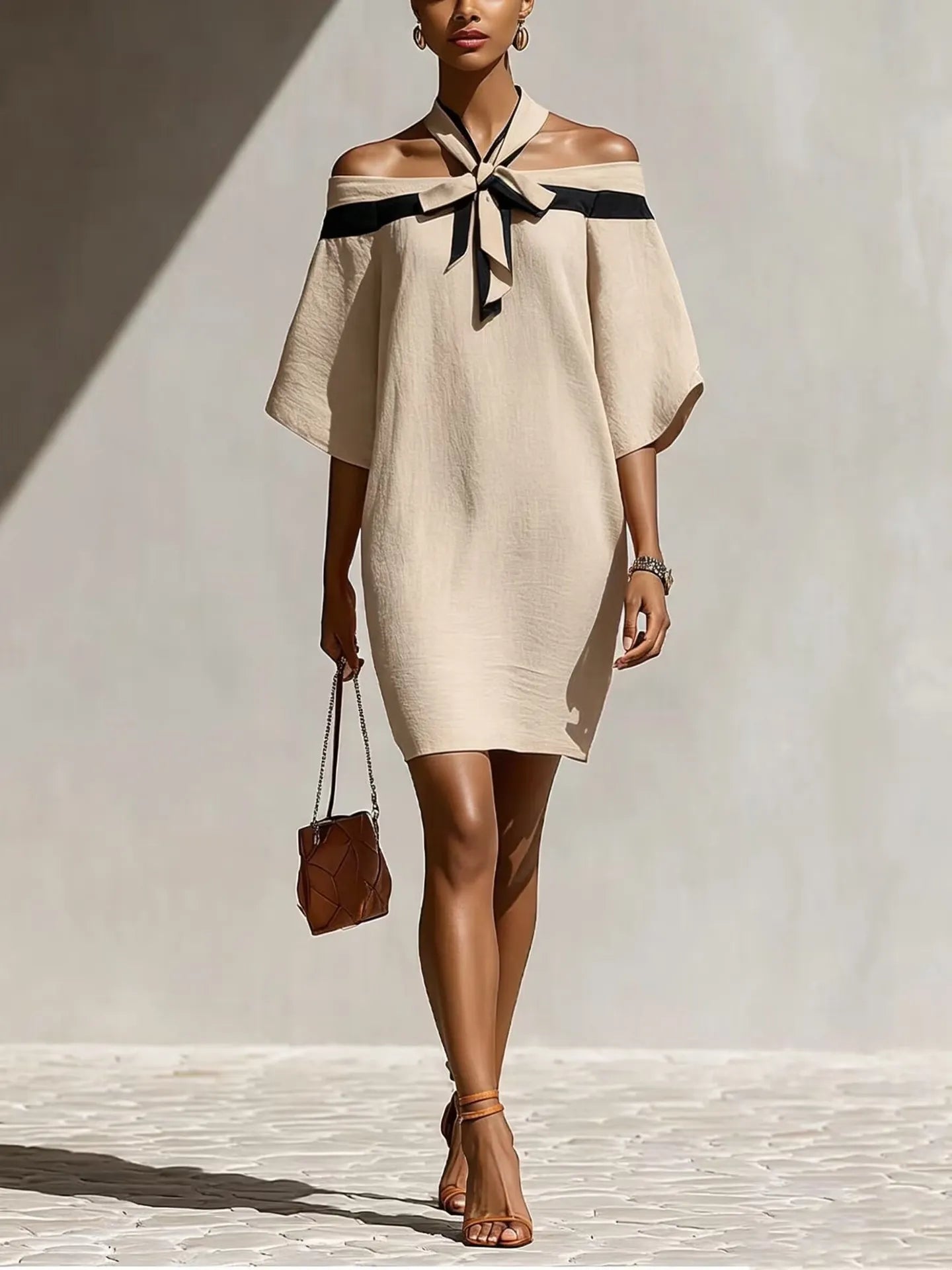 Off Shoulder Bow Tie Contrast Trim Batwing Sleeve Mini Dress