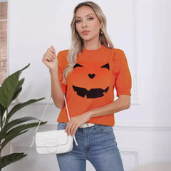 Halloween Pumpkin Face Crew Neck Short‑Sleeve Sweater