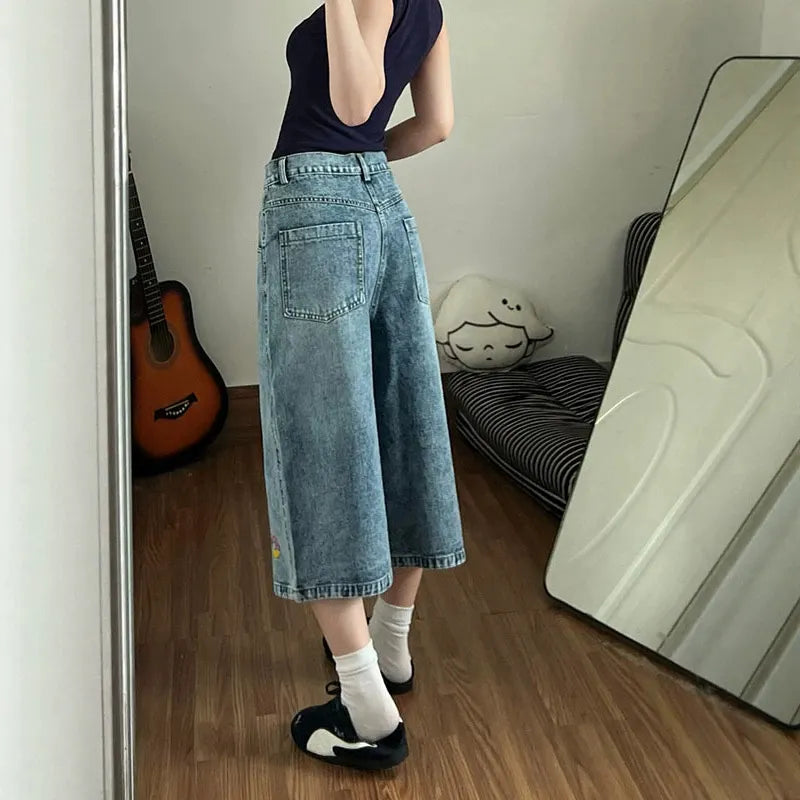 High Waist Cartoon Patch Wide Leg Cropped Jeans