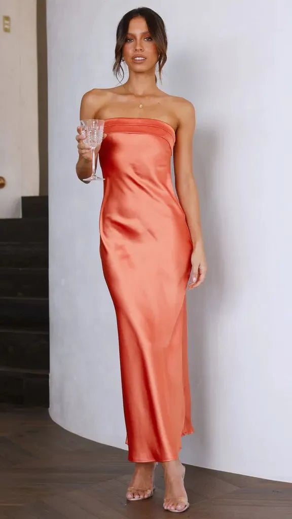 Orange Strapless Satin Slip Maxi Dress