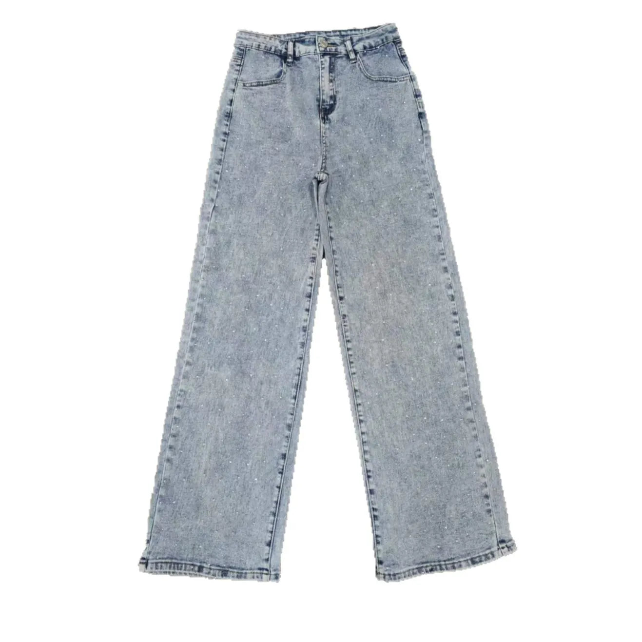 High Waist Washed Star Sequin Micro-Stretch Loose Straight Denim Pants