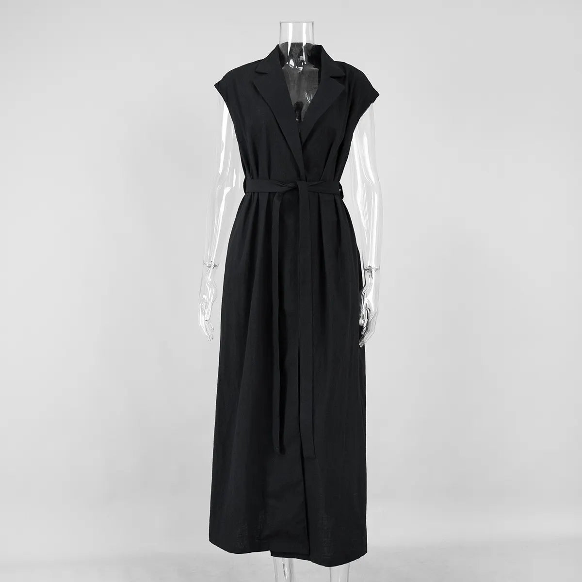 Solid Color Sleeveless Lapel Belted Maxi Shirt Dress