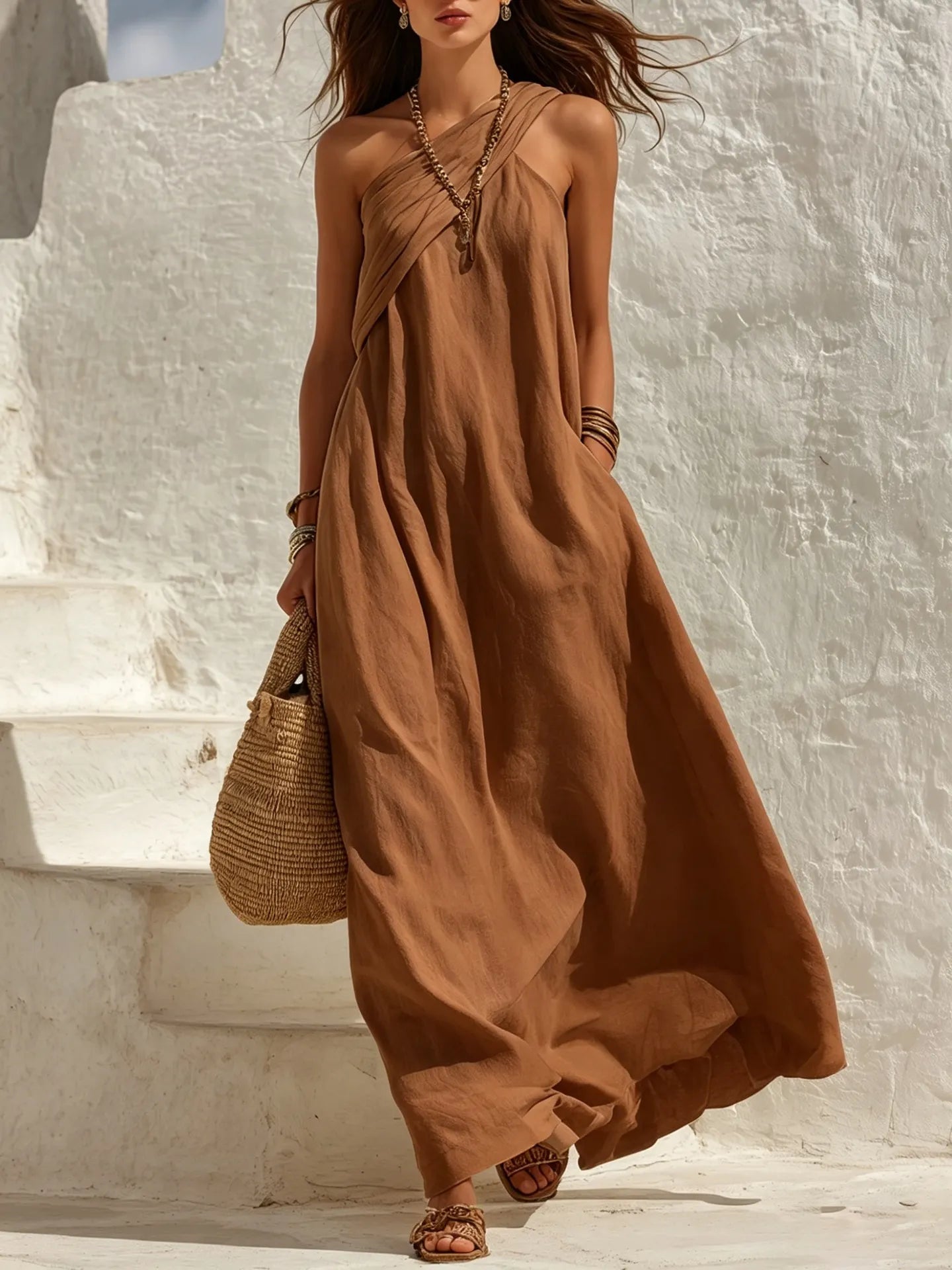 One Shoulder Draped Linen Maxi Vacation Dress