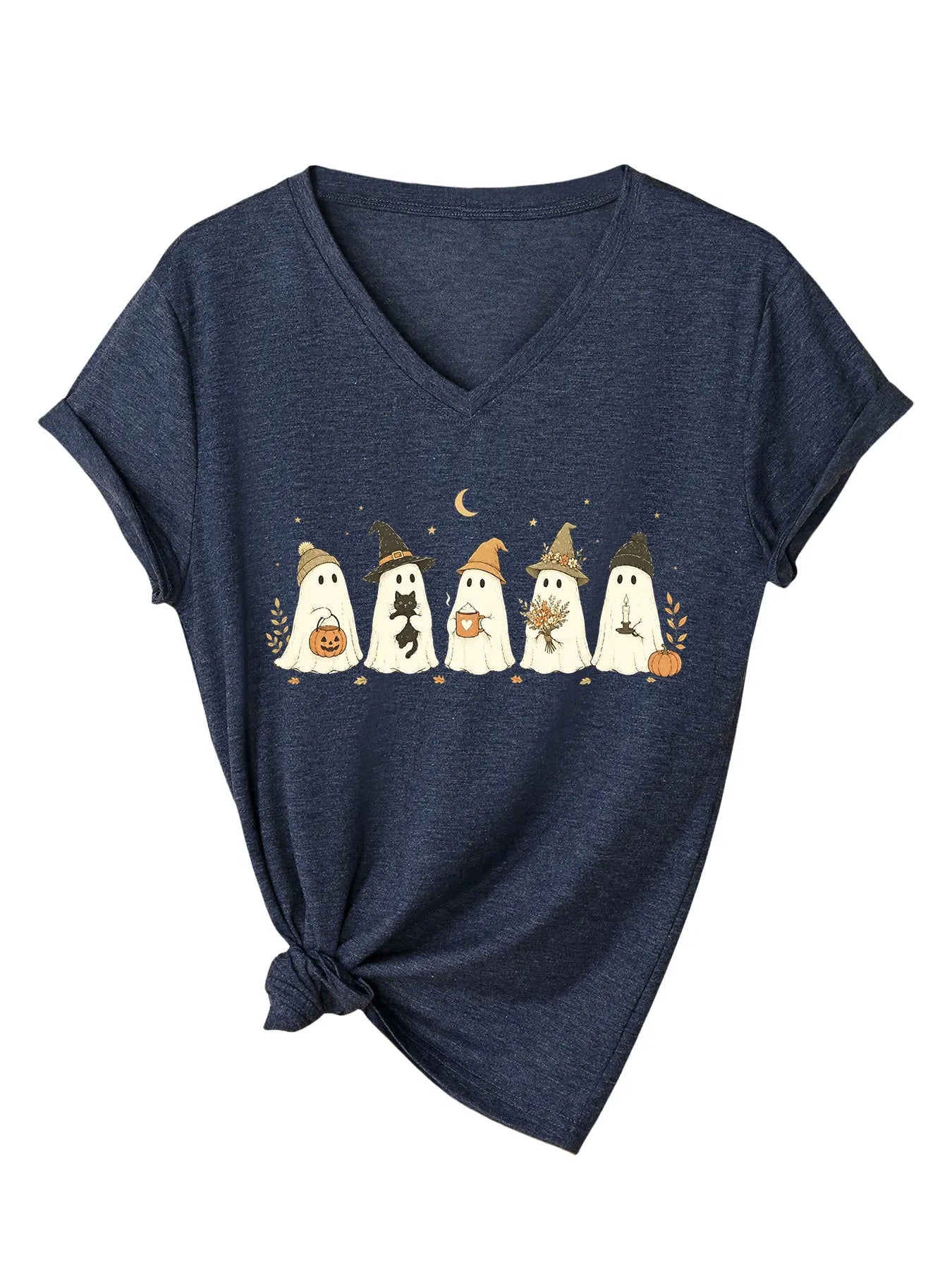 Cute Fall Ghosts Halloween V‑Neck T‑Shirt