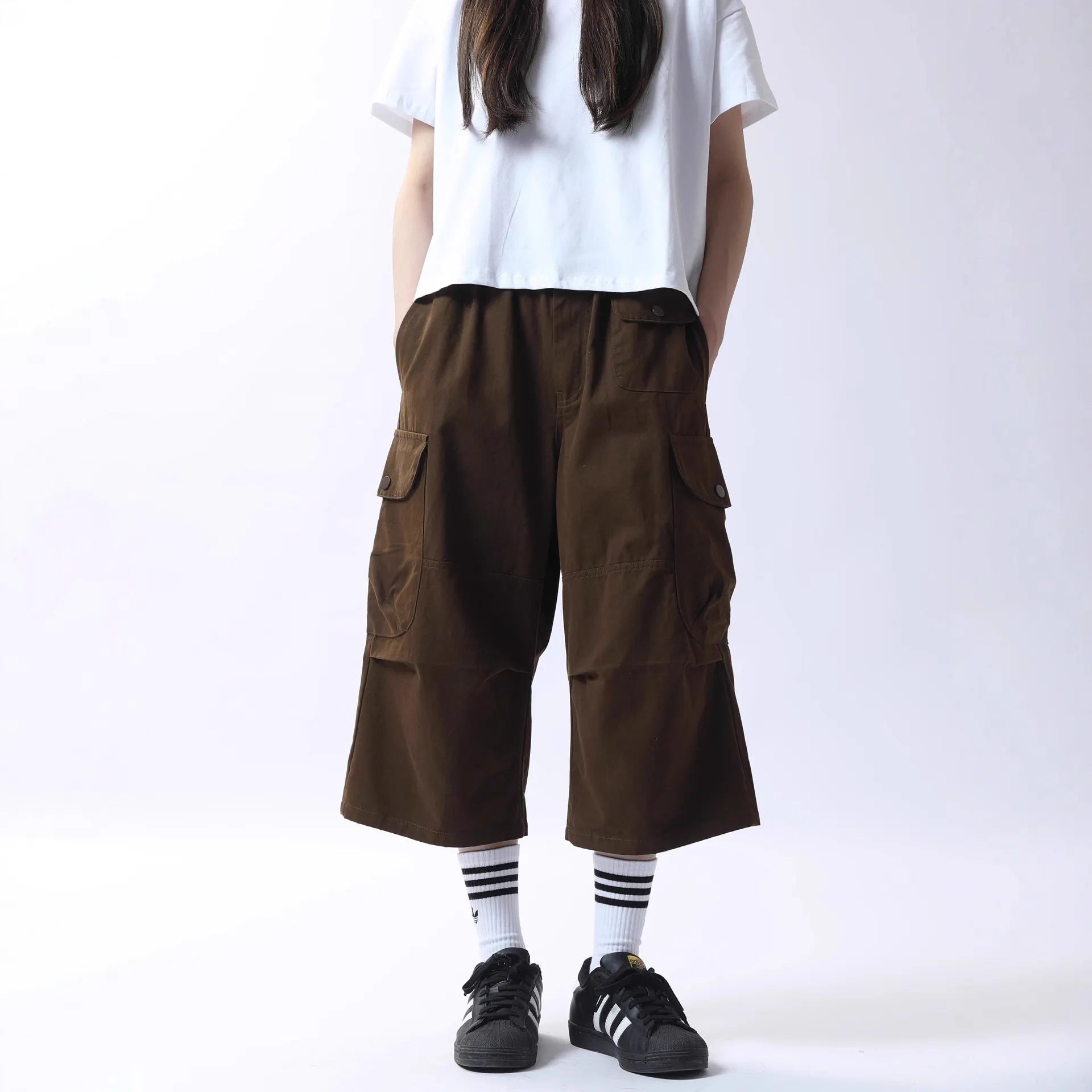 Elastic Waist Multi-Pocket Spliced Cargo Cropped Casual Pants