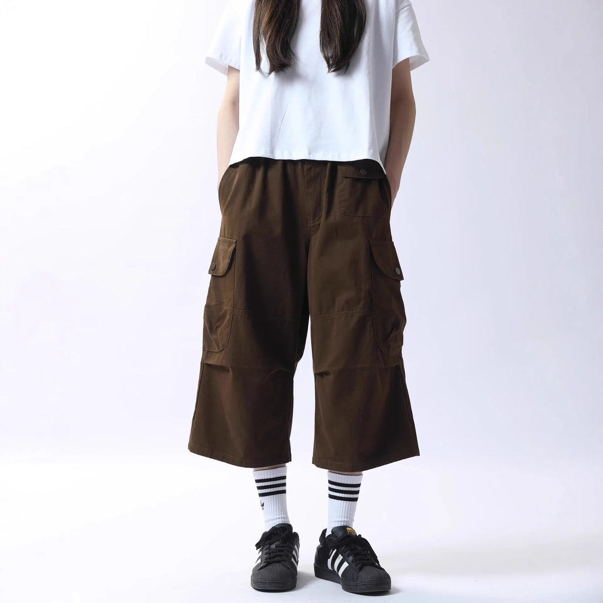 Elastic Waist Multi-Pocket Spliced Cargo Cropped Casual Pants