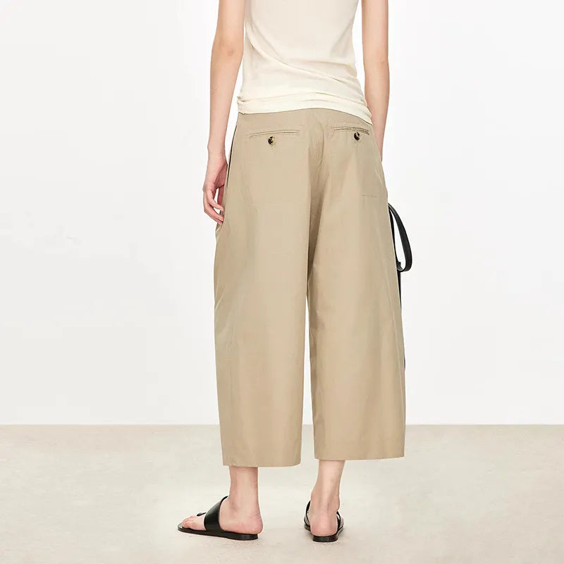 Mid Waist Pinch Pleats Loose Cropped Straight Commuter Casual Pants