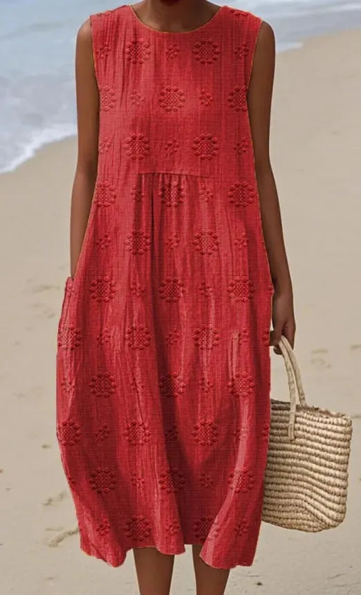 Round Neck Sleeveless 3D Floral Print Loose A-Line Midi Dress