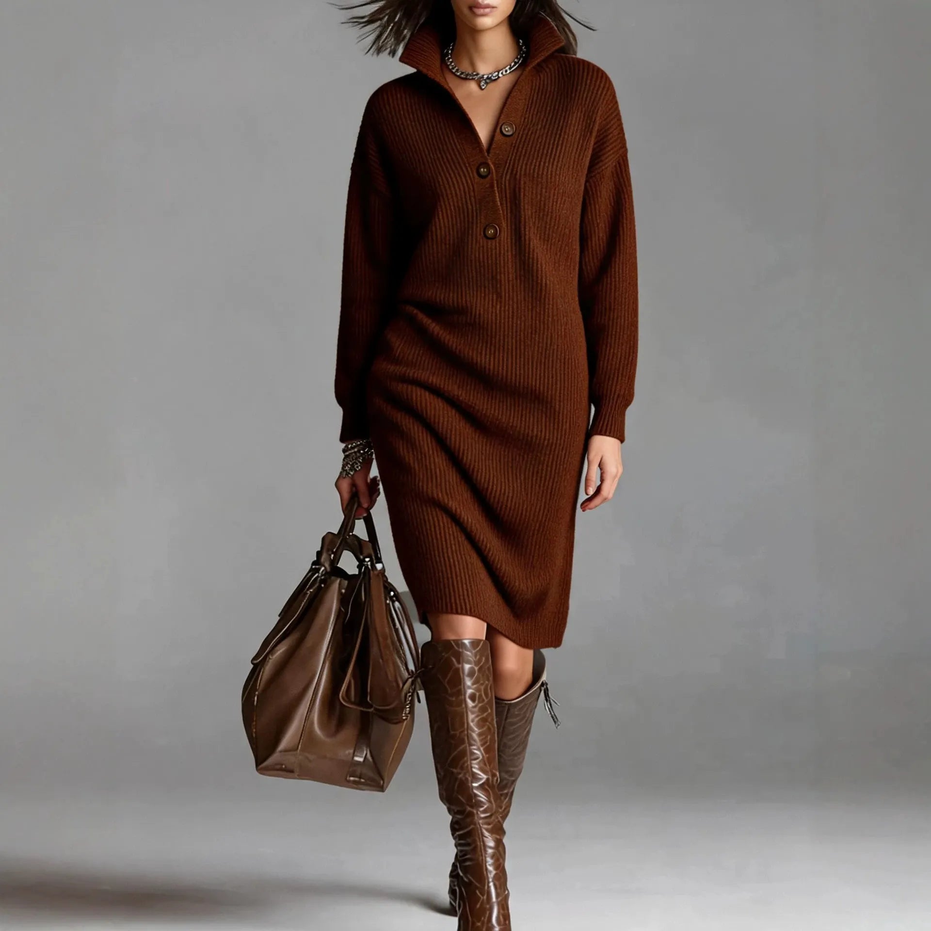 Collared Henley Button Front Loose Sweater Dress