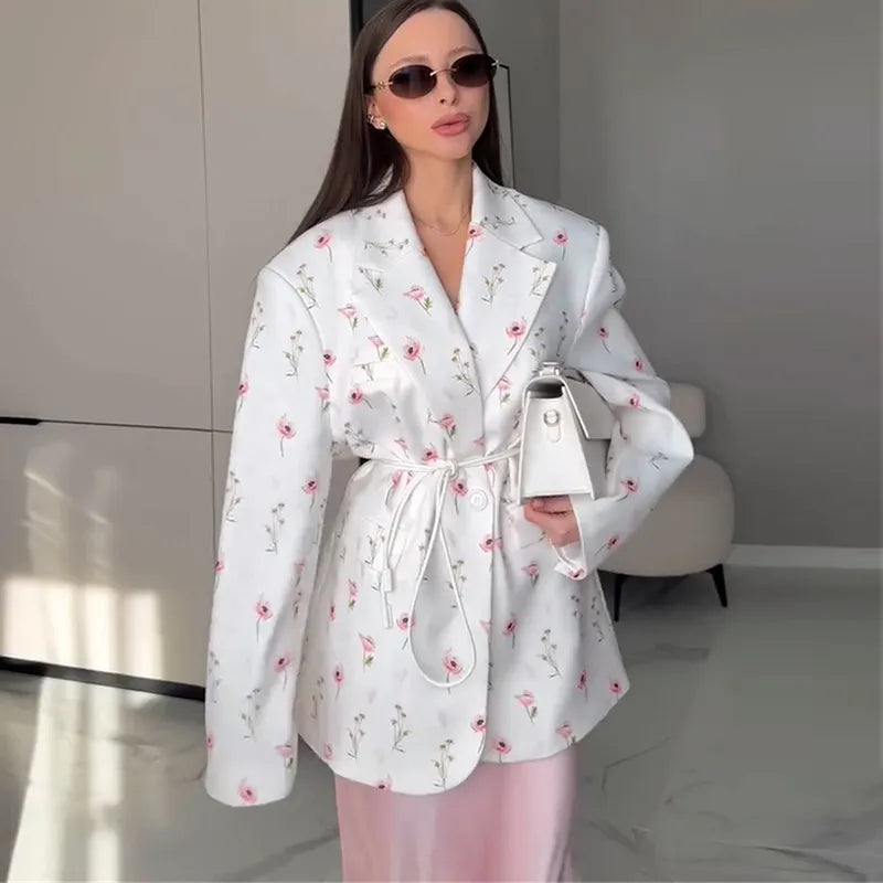 Floral Print Blazer Dress, Long Sleeve Loose Fit Jacket