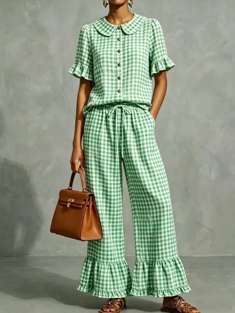 Gingham Peter Pan Collar Ruffle Short Sleeve Top & Flared Pants Two Piece Set