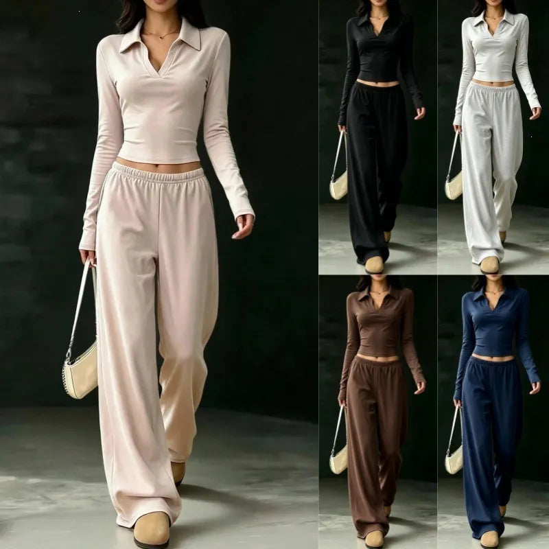 Black Polo V-neck Long Sleeve Crop Top & Elastic Waist Wide Leg Pants Two Piece Set